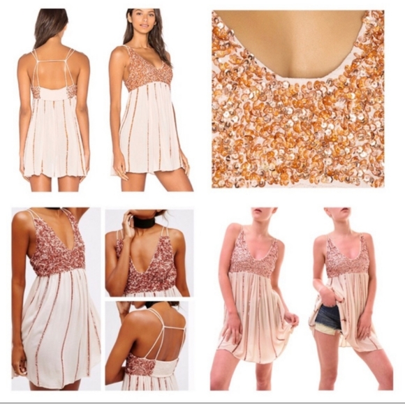 Free People Glitter Girl Sequin Rose Gold Embellished Mini Dress - Picture 9 of 16